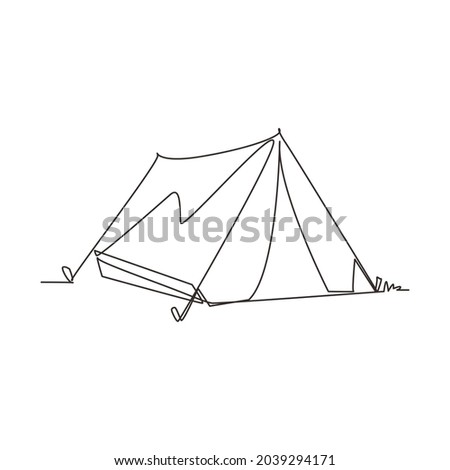 Single continuous line drawing tent camping in outdoor travel. Nature tourism, journey, adventure. Tent element concept. Camping travel tent equipment. One line draw graphic design vector illustration