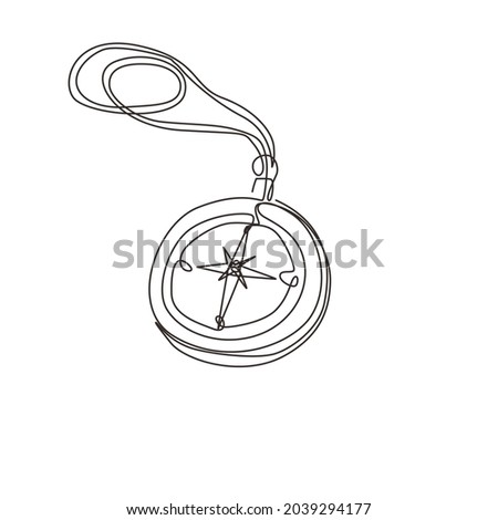 Single continuous line drawing hiking compass icon symbol. Camping scouting with useful summer travel equipment tools provisions compass. Dynamic one line draw graphic design vector illustration