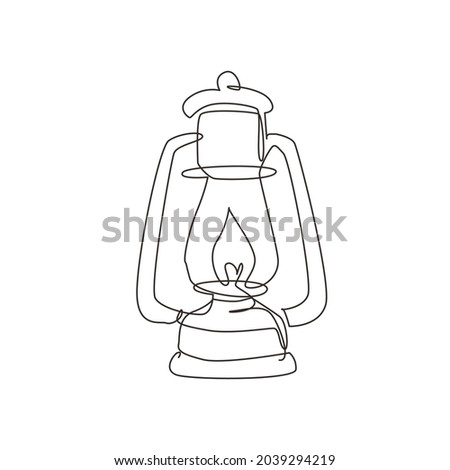 Single continuous line drawing vintage camping lantern on white background. Retro gas lamp with glowing fire wick. Handle gas lamps for tourist hiking. One line draw graphic design vector illustration