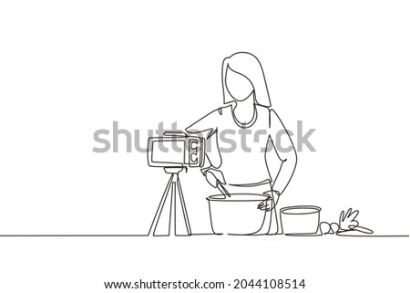 Single one line drawing woman in kitchen preparing dessert at home, stirring dough with spatula. Cooking live streaming. Blogger prepares meal online. Continuous line draw design vector illustration