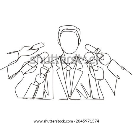 Single one line drawing interview. Man with microphones. Popular person, presenter, celebrity, political gives comment for breaking news, reportage, tv. Continuous line draw design vector illustration