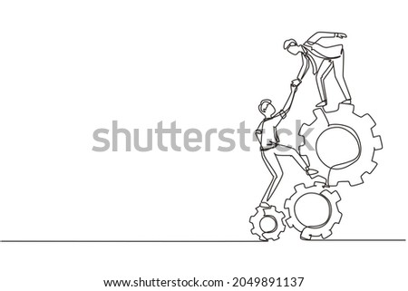 Single one line drawing two young businessmen helping each other to go up to pile of cogs. Teamwork people trust assistance. Technology gear collaboration solution. Continuous line draw design vector