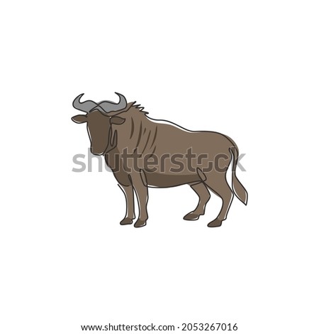 Single continuous line drawing of sturdy wildebeest for organisation logo identity. Big gnu mascot concept for national safari park icon. Modern one line draw design vector graphic illustration
