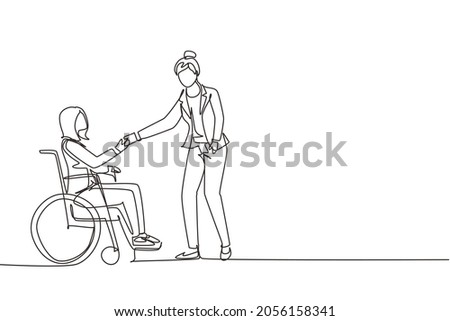 Continuous one line drawing disability employment, work for disabled people. Disable woman sit in wheelchair shaking hand with colleague in office. Single line draw design vector graphic illustration