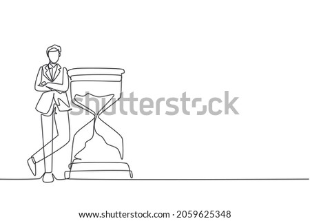 Single continuous line drawing businessman lean on huge giant hourglass for time is money financial investment concept. Time management conceptual metaphor. One line draw design vector illustration