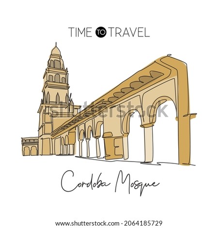 Single continuous line drawing Great Mosque of Cordoba landmark. Famous place in Andalusia, Spain. World travel campaign wall decor print art concept. Dynamic one line draw design vector illustration