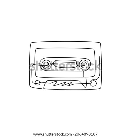 Single one line drawing retro cassette sticker icon. Cassette tape music logo symbol template. Cassette flat style banner poster emblem. Modern continuous line draw design graphic vector illustration