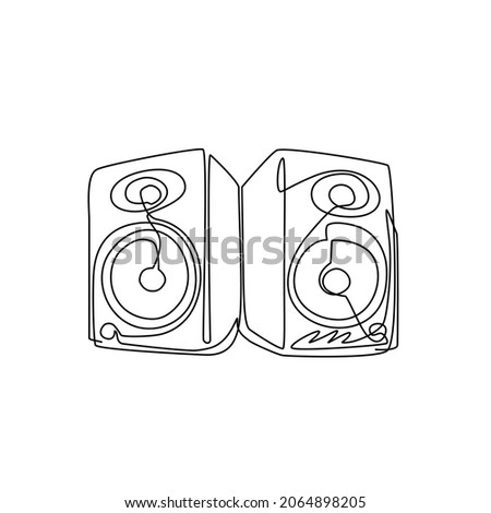 Continuous one line drawing music system speakers with icon logo. Musical equipment grunge image of speaker flat design elements banner poster. Single line draw design vector graphic illustration