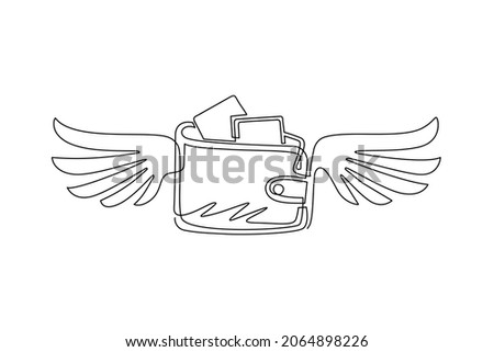 Single continuous line drawing winged wallet logo. Purse with wings icon. Losing money, spending, pay, wasteful, gone money, financial concept. Dynamic one line draw graphic design vector illustration