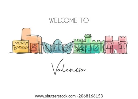 Single continuous line drawing of Valencia city skyline, Spain. Famous skyscraper and landscape postcard. World travel wall decor poster print concept. Modern one line draw design vector illustration