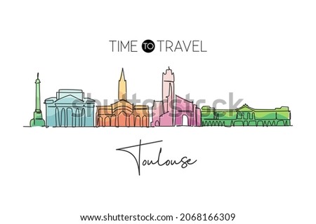 One single line drawing of Toulouse city skyline, France. Historical skyscraper landscape in world. Best holiday destination wall decor poster. Trendy continuous line draw design vector illustration