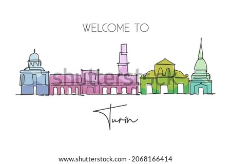 One continuous line drawing of Turin city skyline, Italy. Beautiful skyscraper. World landscape tourism travel vacation concept wall decor poster. Stylish single line draw design vector illustration