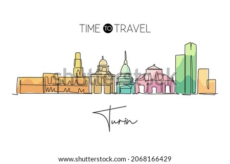 Single continuous line drawing of Turin city skyline, Italy. Famous skyscraper landscape postcard. World travel home wall decor poster print concept. Modern one line draw design vector illustration