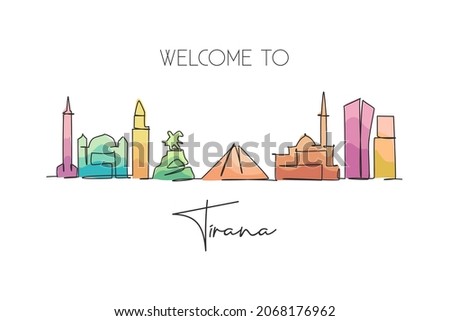 One continuous line drawing of Tirana city skyline, Albania. Beautiful landmark. World landscape tourism and travel vacation poster. Editable stylish stroke single line draw design vector illustration