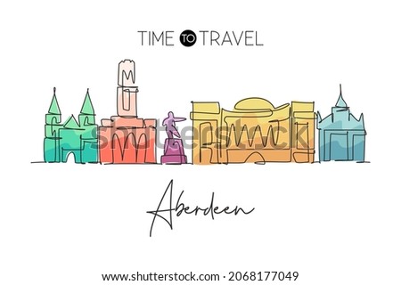 Single continuous line drawing of Aberdeen city skyline, Scotland. Famous city scraper and landscape. World travel concept wall decor poster print art. Modern one line draw design vector illustration