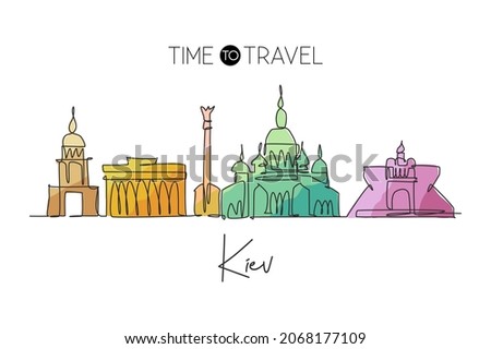 One continuous line drawing of Kiev city skyline, Ukraine. Beautiful landmark. World landscape tourism travel vacation poster print. Editable stylish stroke single line draw design vector illustration