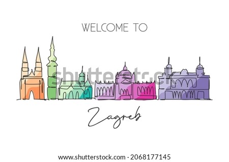 One continuous line drawing of Zagreb city skyline, Croatia. Beautiful landmark. World landscape tourism travel vacation wall decor poster print. Stylish single line draw design vector illustration