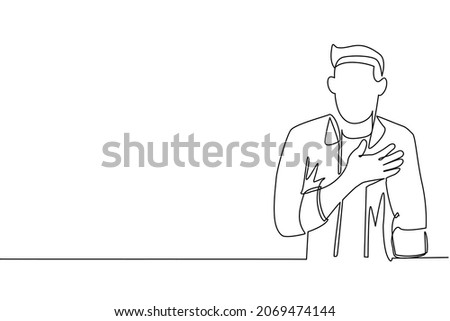 Single one line drawing young man keeping hands on chest. Smiling friendly male expressing gratitude. Emotion and body language concept. Modern continuous line draw design graphic vector illustration