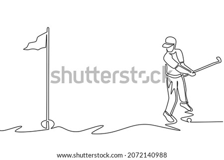 Single one line drawing young golfer hitting ball with niblick. Professional golfer playing golf on golf course. Concept of sport and physical activity. Continuous line draw design vector illustration