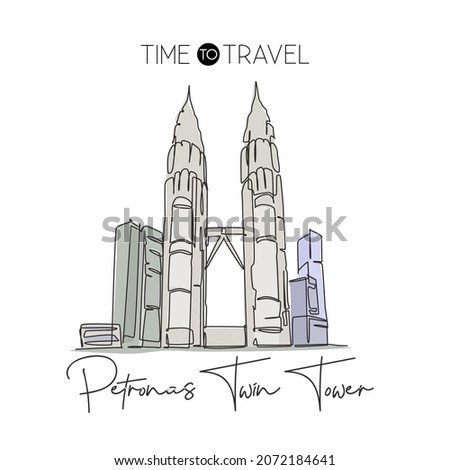 Depok, Indonesia - August 6, 2019: One single line drawing Petronas Twin Tower landmark. World famous place in Kuala Lumpur, Malaysia. Tourism travel wall decor poster concept. Vector illustration