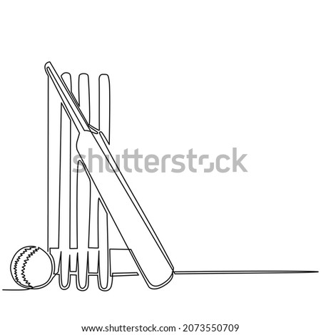 Continuous one line drawing cricket bat, ball, and wicket stumps isolated on white. Set equipment for cricket game. Competitive and challenging team sport. Single line draw design vector illustration