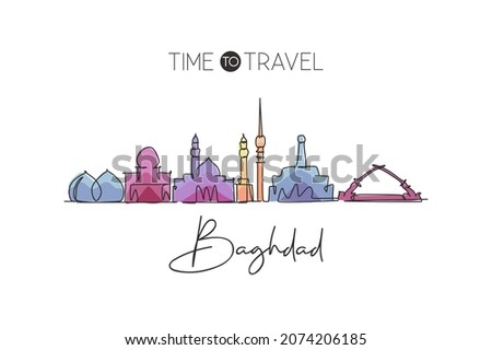 One continuous line drawing of Baghdad city skyline, Iraq. Beautiful city landmark. World landscape tourism and travel vacation. Editable stylish single line draw design vector graphic illustration