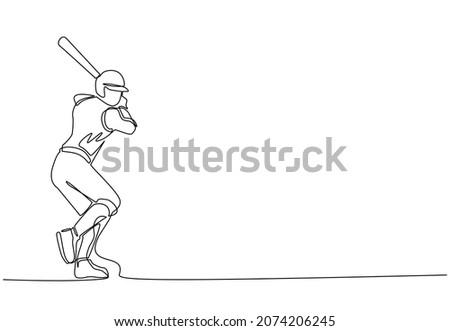 Continuous one line drawing young agile man baseball player ready to hit the ball. Baseball league professional tournament. Sport exercise healthy concept. Single line draw design vector illustration