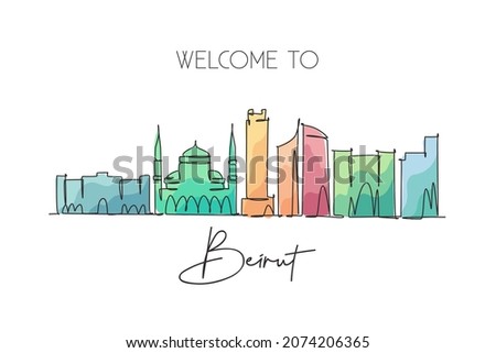 Single continuous line drawing of Beirut city skyline, Lebanon. Famous city scraper and landscape home wall decor poster print. World travel concept. Modern one line draw design vector illustration