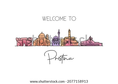 One continuous line drawing Pristina city skyline, Kosovo. Beautiful landmark. World landscape tourism and travel vacation postcard. Editable stylish stroke single line draw design vector illustration