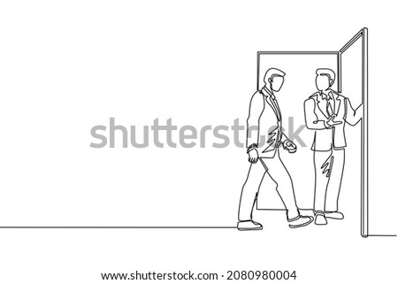 Single continuous line drawing businessman at the door welcomes his friend in. Man is inviting his friend to get into his house. Hospitality concept. One line draw graphic design vector illustration