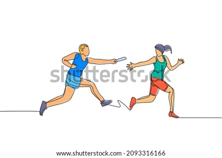 One continuous line drawing of young sporty runner man pass baton stick to his team mate. Healthy lifestyle and fun jogging sport concept. Dynamic single line draw design graphic vector illustration