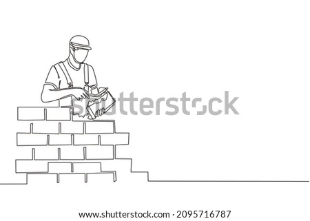 Continuous one line drawing repairman building brick wall. Construction worker in uniform and helmet doing work. Builder concept. Repair work services. Single line design vector graphic illustration Foto stock © 