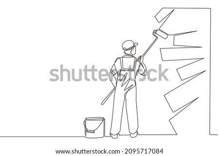 Continuous one line drawing painter decorator repairman people at work. Man repair worker holding paintbrush roller, painting house apartment wall, home renovation. Single line draw design vector Foto d'archivio © 