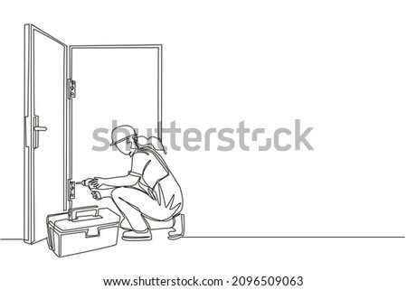 Single one line drawing door service. Repairwoman in the uniform with special equipment repair door element. Locksmith woman fix lock. Construction services. Continuous line draw design graphic vector