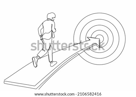 Single one line drawing businessman running on arrow to center of dartboard. Business Concept of targeting and customer. Company vision mission. Continuous line draw design graphic vector illustration 商業照片 © 