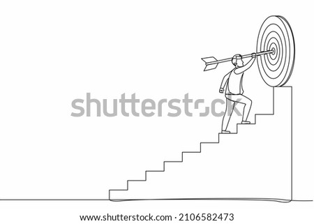 Continuous one line drawing businessman with arrow is running towards his goal, motivation is advancing, path to achieving goal is high, through stairs, steps of achievement. Single line design vector