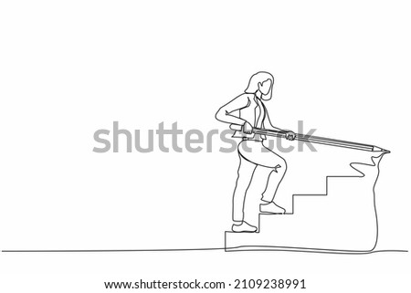Single one line drawing young businesswoman use huge pencil to draw rising up stairs, walk climbing up ladder. Strategy reach business target, career path achievement. Continuous line design vector