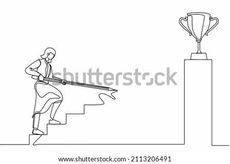 Single continuous line drawing businesswoman use huge pencil to draw rising up stairs, walk climbing up ladder, and try to reach trophy cup. Business development. One line draw graphic design vector Сток-фото © 
