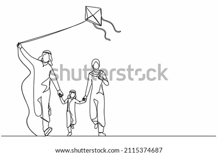 Continuous one line drawing Arab family weekend with parents and child walking in park. Fun family running, rest at nature on vacation. Dad, mom, and son launches kite. Single line draw design vector