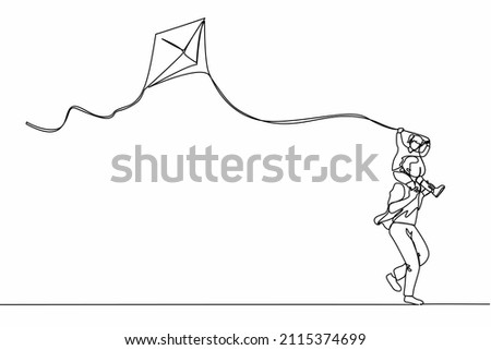 Single continuous line drawing dad and daughter have fun, fly kite. Father carrying daughter on shoulders, playing and running in the park. Dynamic one line draw graphic design vector illustration