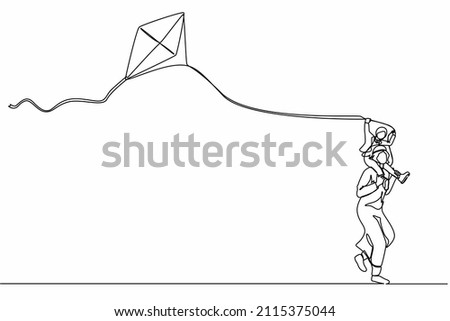 Single continuous line drawing dad and daughter have fun, fly kite. Arab father carrying daughter on shoulders. Happy father and child spending free time together. One line draw graphic design vector