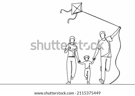 Continuous one line drawing family weekend with parents and child walking in park. Fun family running, rest at nature on vacation. Dad, mom, and daughter launches kite. Single line draw design vector