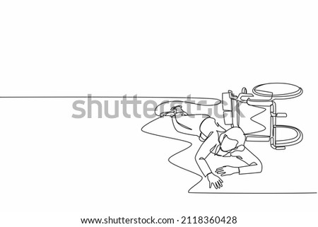 Single one line drawing businesswoman fell off wheelchair sitting on floor. Disabled female patient accident falling down and crawling for help in hospital room. Continuous line design graphic vector