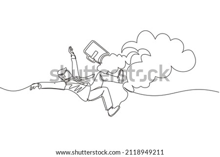 Single continuous line drawing businessman falling from sky. Failure and defeat. Employee dismissal and bankruptcy. Financial crisis. Person loses business and job. One line draw graphic design vector