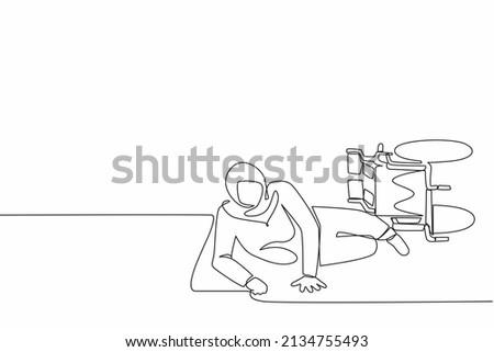 Continuous one line drawing Arab businesswoman fell off wheelchair sitting on floor. Disabled female patient accident falling down, crawling for help in hospital room. Single line draw design vector