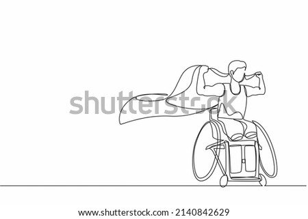 Single continuous line drawing young amputee man with body injuries raising flag. Disability athlete sitting on racing wheelchair, disabled sportsman. One line draw graphic design vector illustration
