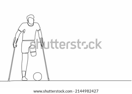 Single continuous line drawing disabled man with crutches playing football in stadium. Disability soccer athlete. Amputated sportsman playing on sport competition. One line draw graphic design vector