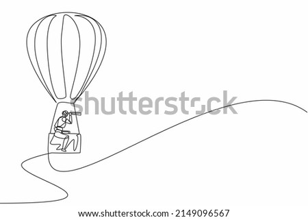 Single continuous line drawing robots with monocular, ride hot air balloon briefcase. Modern robotics artificial intelligence technology. Electronic technology industry. One line graphic design vector