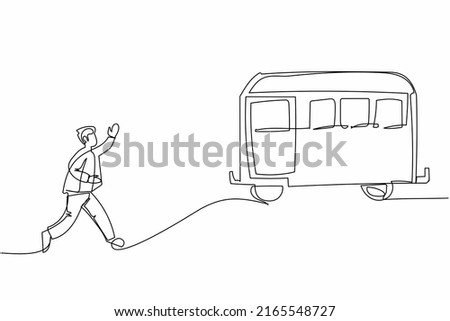 Single continuous line drawing businessman run chasing try to catch train. Hurry running to get transportation, public passenger vehicle. Business metaphor. One line graphic design vector illustration