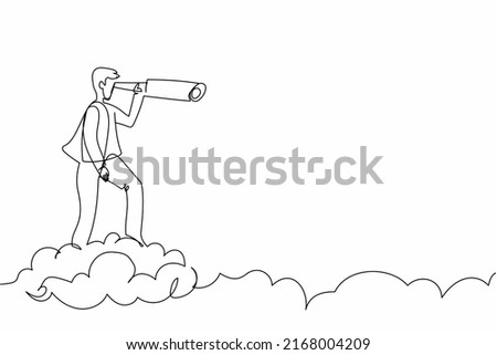 Continuous one line drawing businessman riding cloud holding telescope or binocular to search for business visionary. Leadership vision to see company strategy. Single line design vector illustration